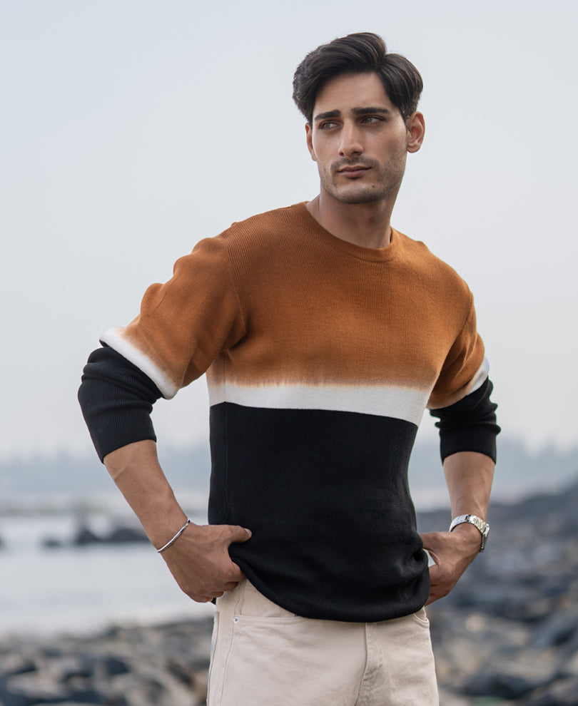 Brown And Black Stripe Knit T-Shirt.