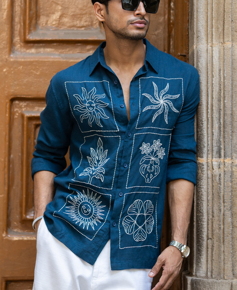 Blue Linen Blend Embroidery Shirt.