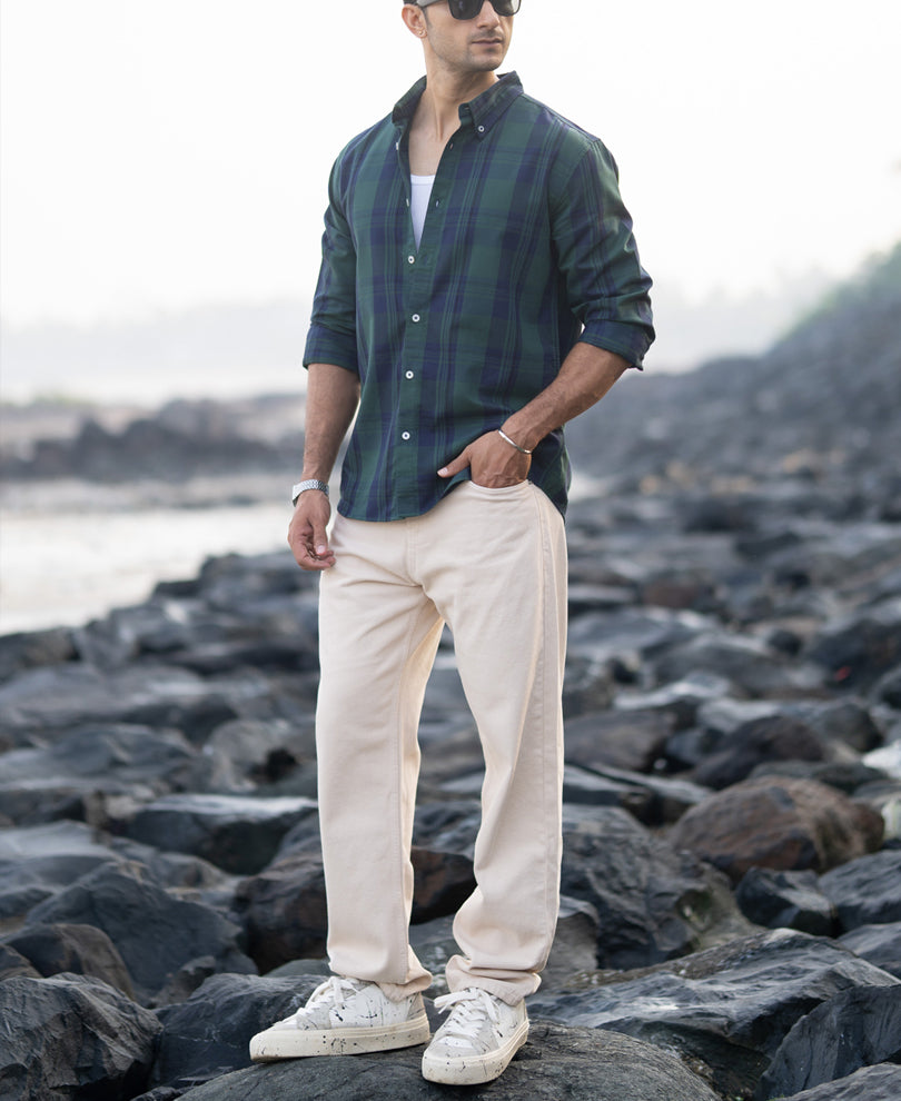 Navy Green Structured Checks Shirt.