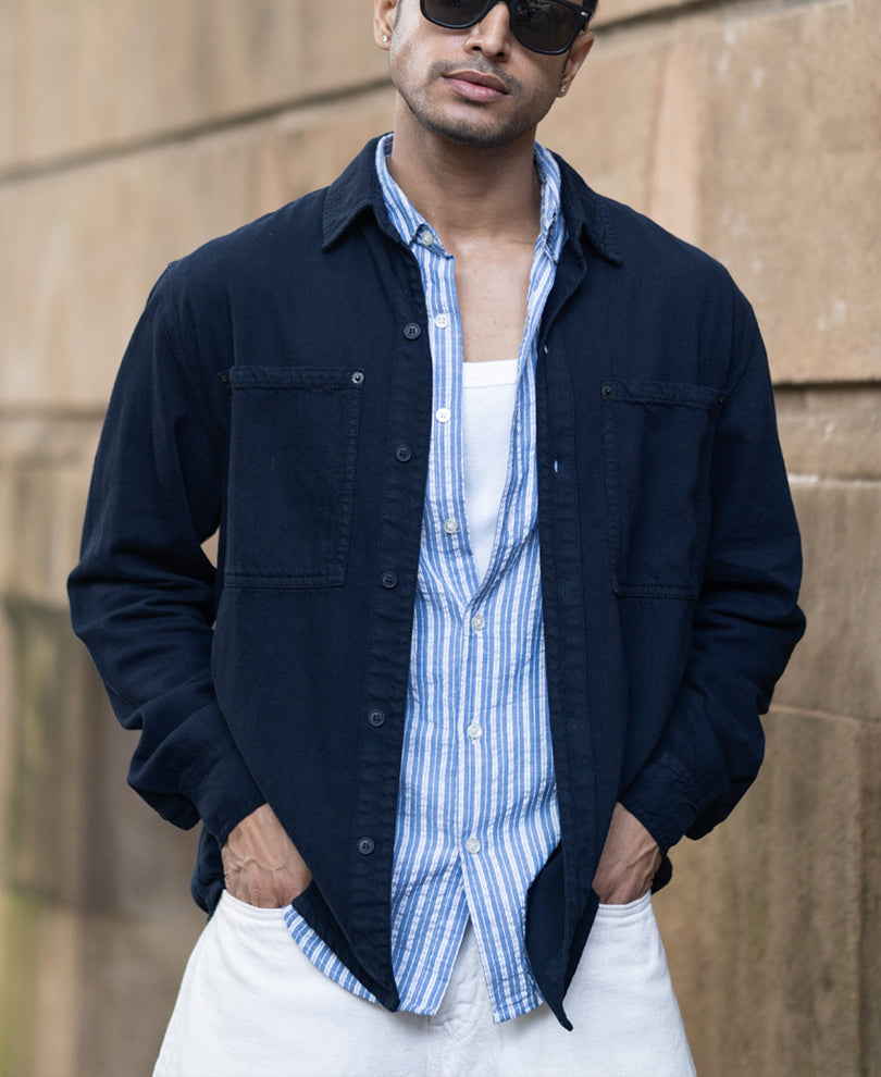 Navy Overdyed Twill Overshirt.