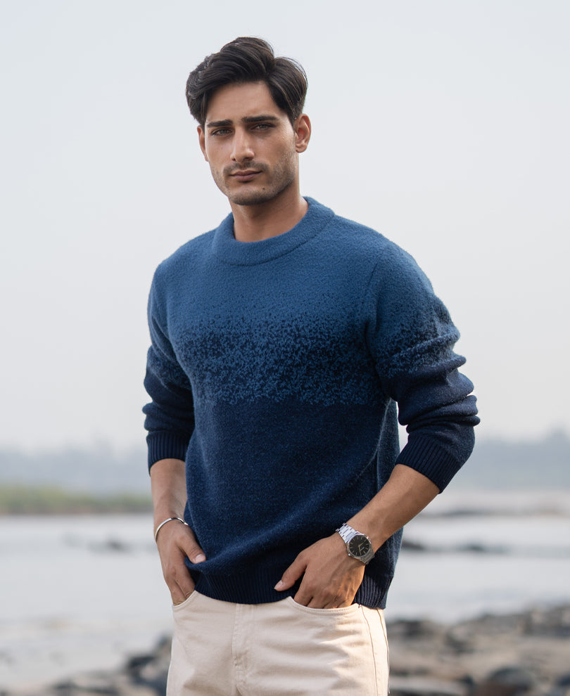 Navy Ombre Jacquard Knit T-Shirt.