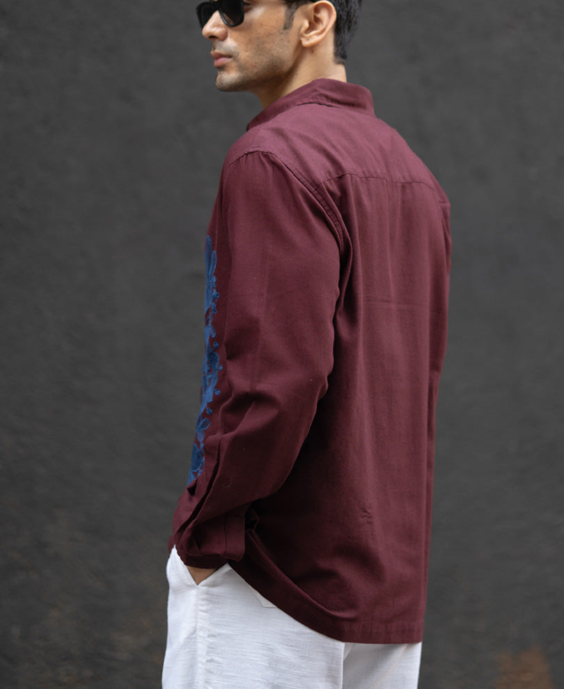 Wine Embroidered Linen Blend Shirt.