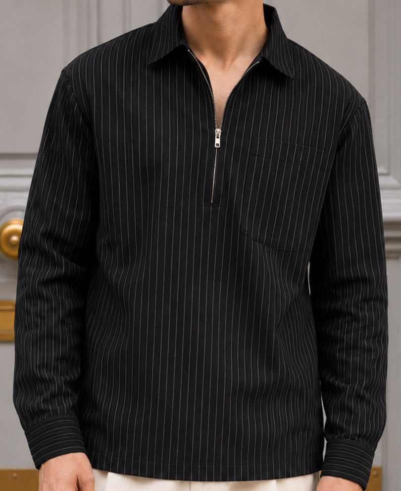 Buy Black Oxford Stripe Zipper Shirt for Men | POWERLOOK