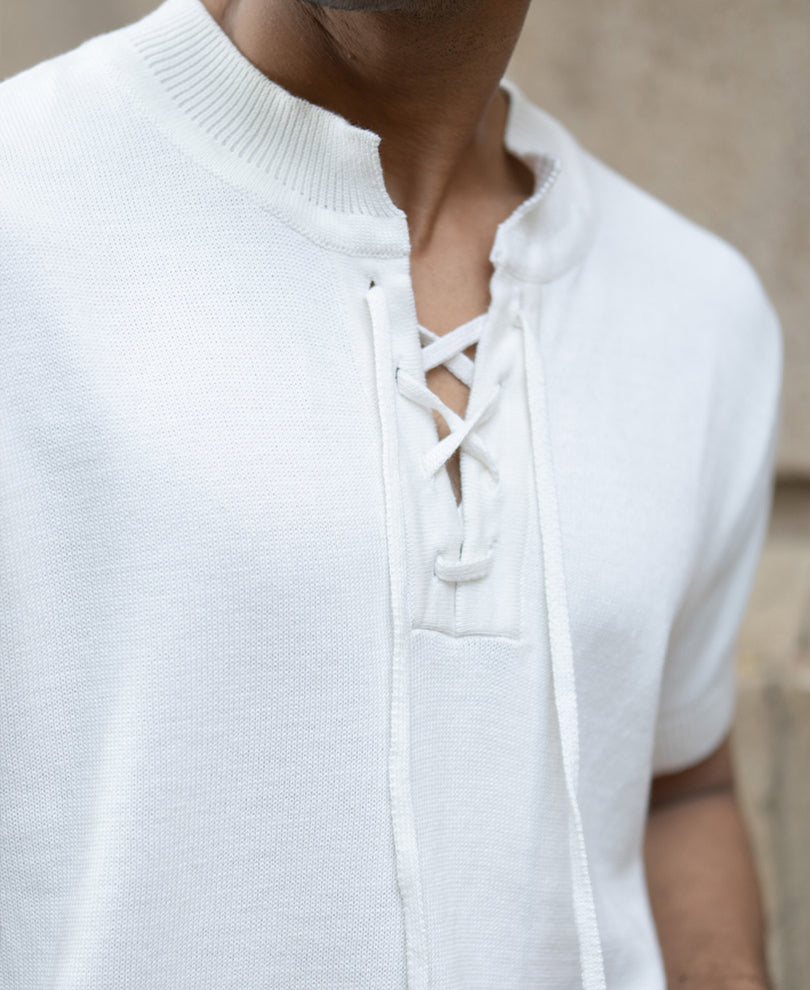 White Knitted Regular Fit Henley T-Shirt.