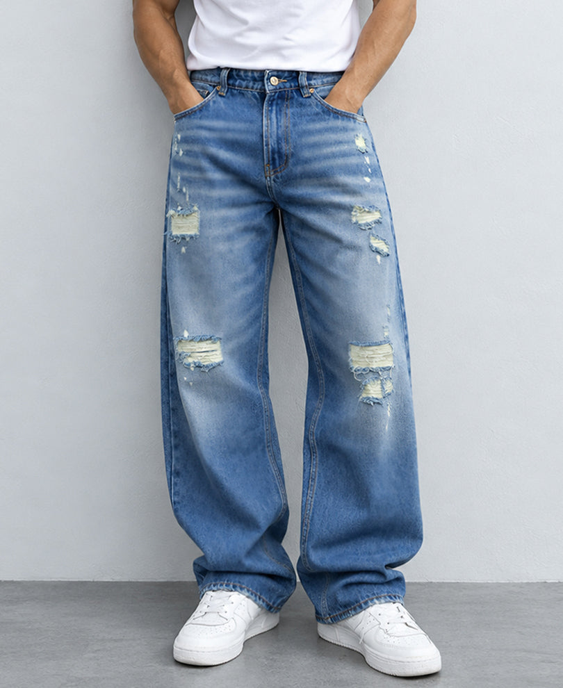 Mid Blue Distressed Baggy Jeans