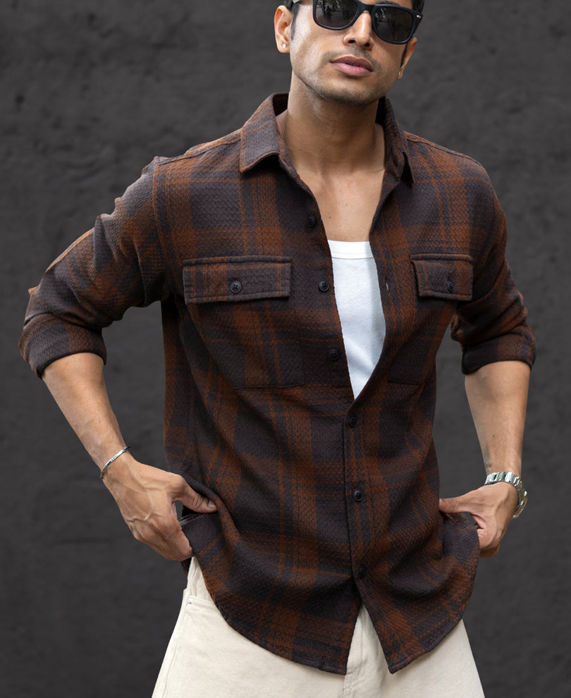 Dark Brown Structured Checks Shirt.