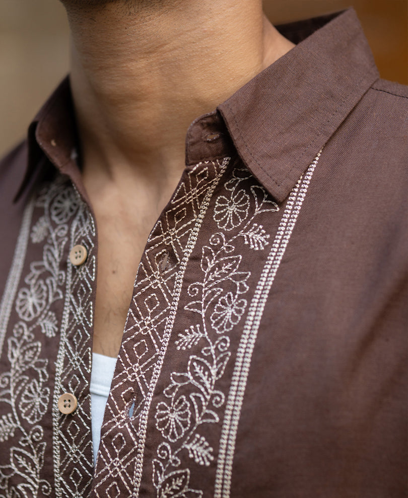 Dark Brown Linen Blend Embroidery Shirt.
