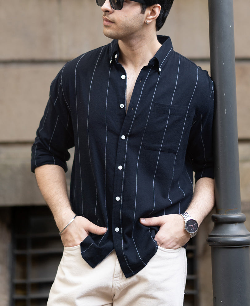 Navy Lightweight Linen Striped Shirt.