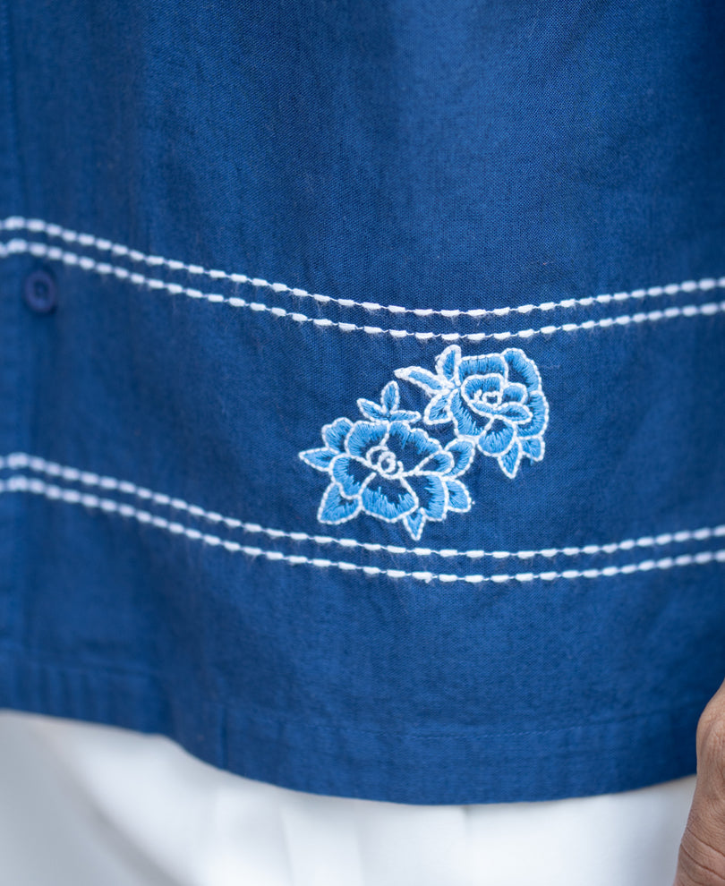 Navy Embroidered Linen Shirt.