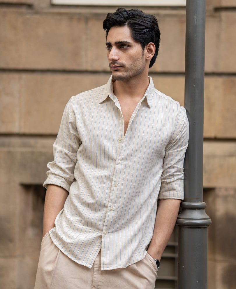 Blue & Beige Linen Stripe Shirt.