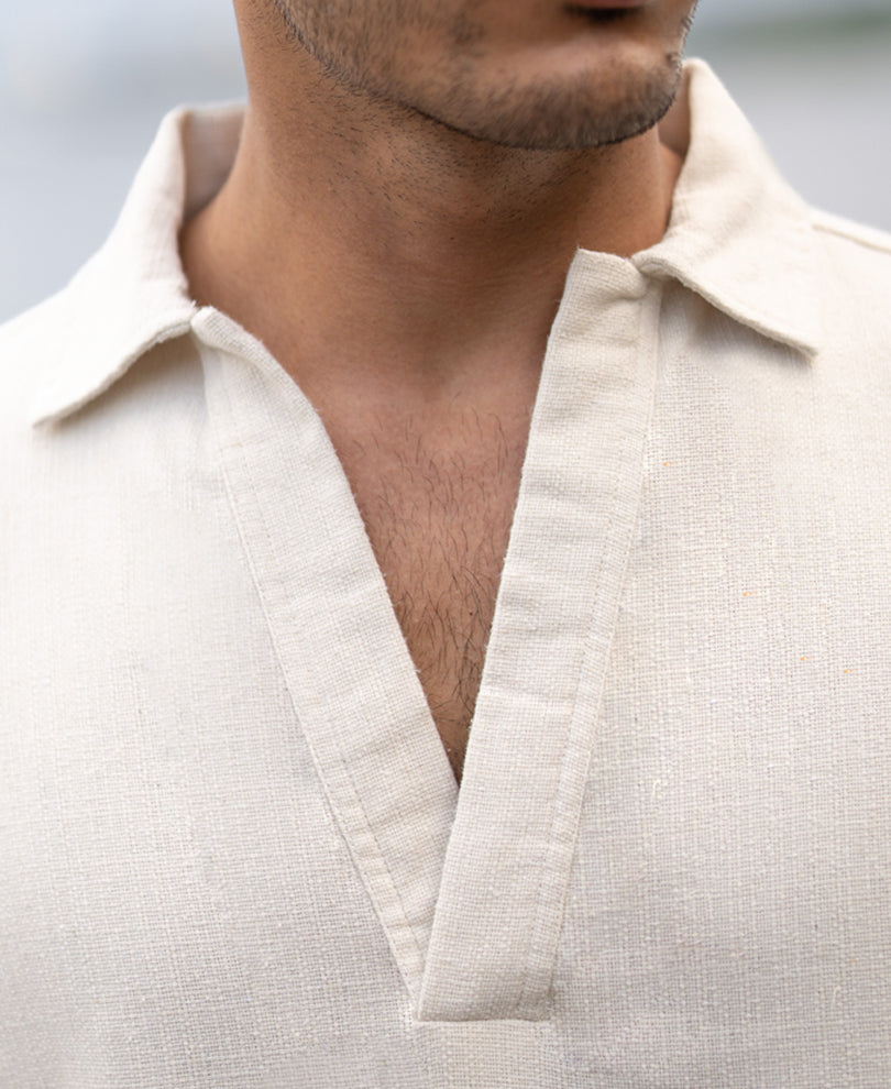 Cream Structured Cotton Kurta Shirt.