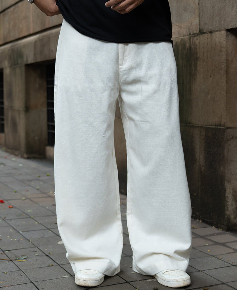 White Linen Blend Barrel Fit Pants