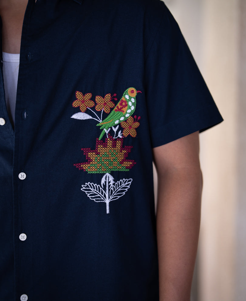 Navy Parrot Embroidery Shirt 100% Cotton
