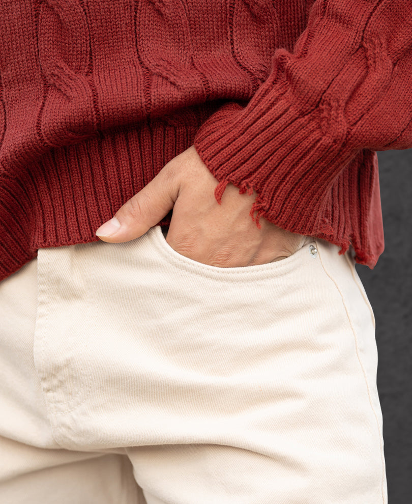 Ochre Distressed Cable Knit T-Shirt.