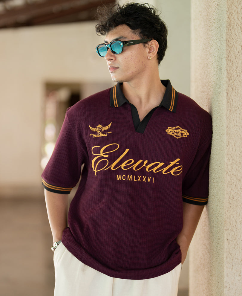 Wine Embroidered Structure Knit T-Shirt