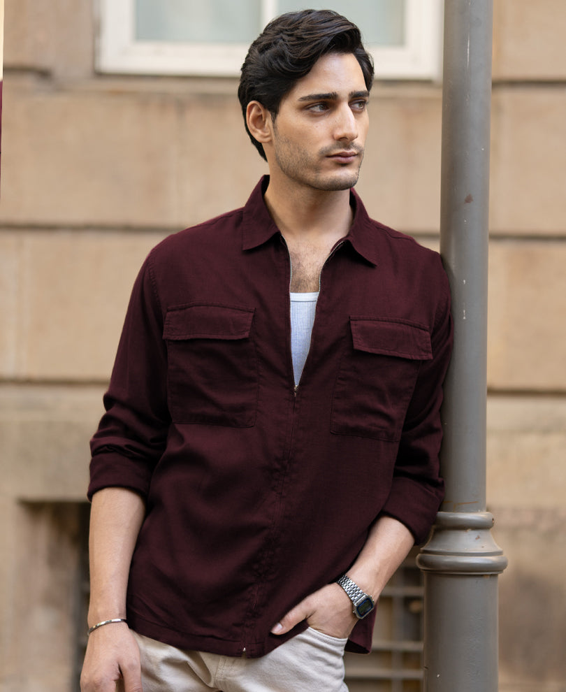 Wine Linen Blend Zipper Shirt.
