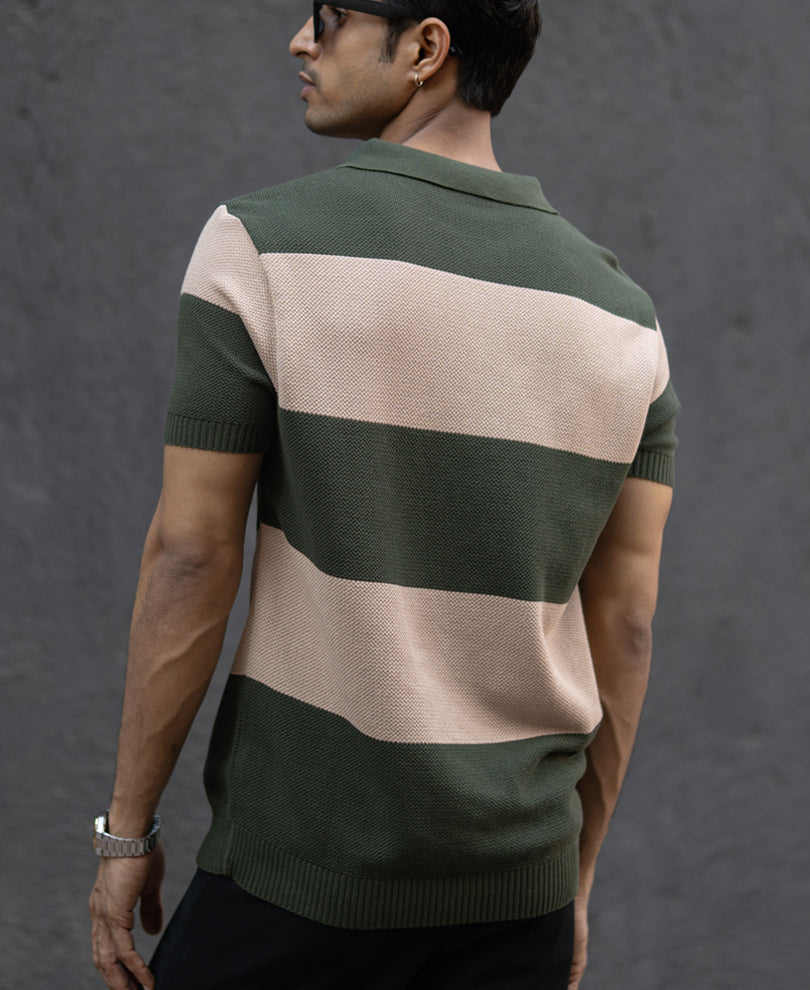 Olive & Beige Knit Stripe T-Shirt.