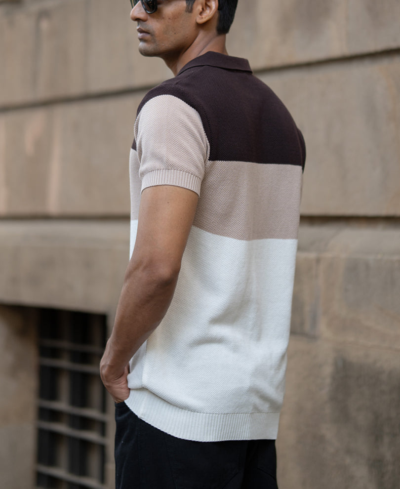Beige & Brown Knit Stripe T-Shirt.