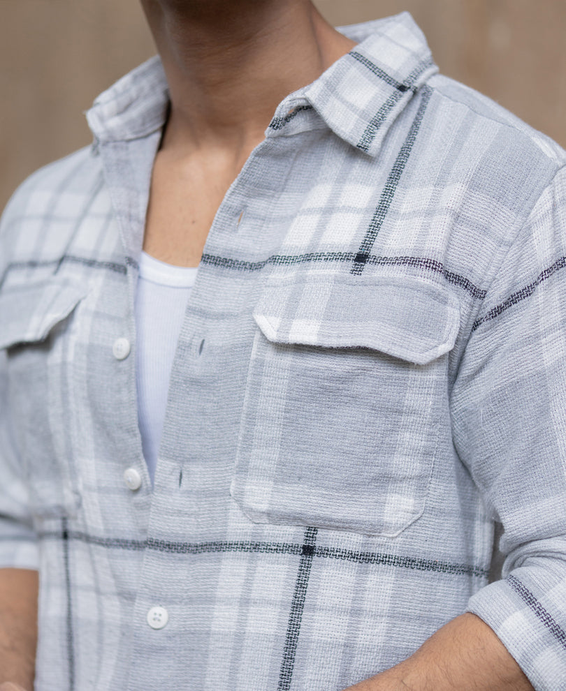 Light Grey Structured Checks Shacket Oversize Drop Shoulder Shirt.