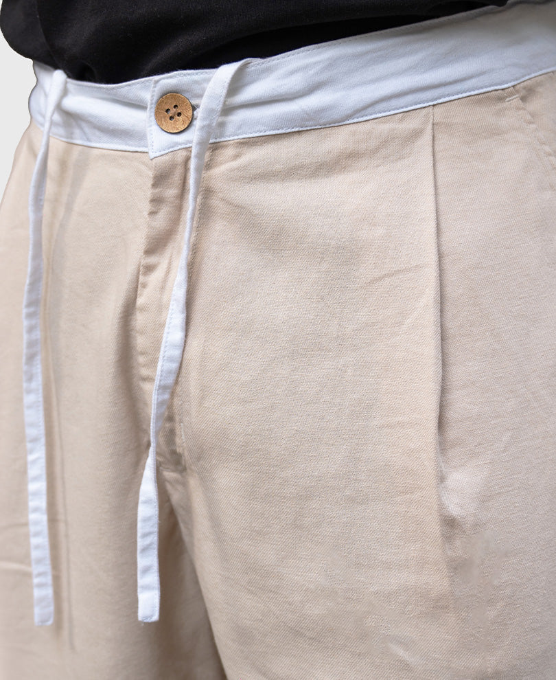 Beige Contrast Belt Linen Trouser