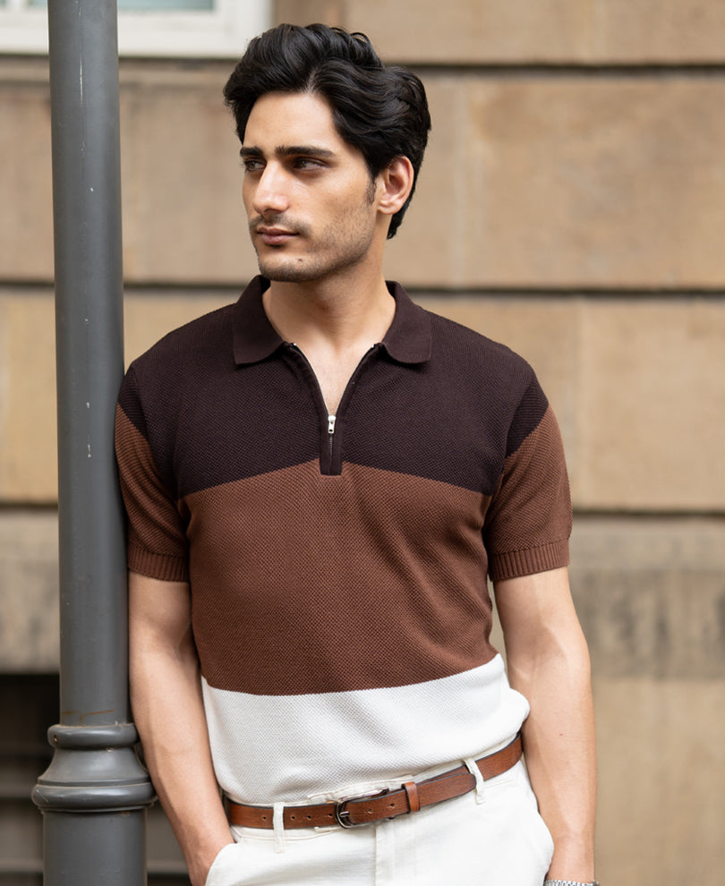 Brown & Beige Stripe Knit T-Shirt.