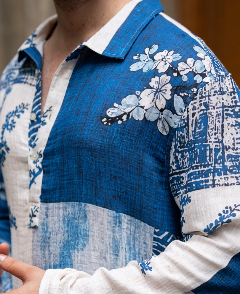 Blue Patch Print Kurta Shirt 100% Cotton