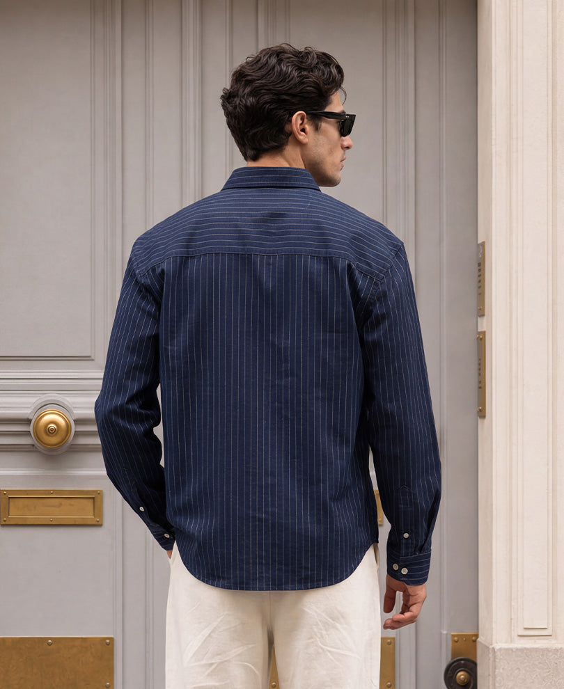 Navy Calligraphy Print Stripe Shirt