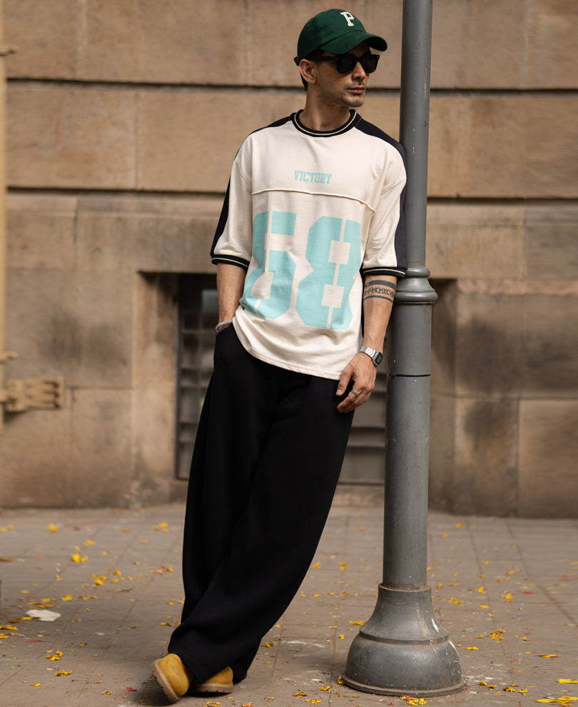 Cream & Black Panelled Graphic T-Shirt 100% Cotton