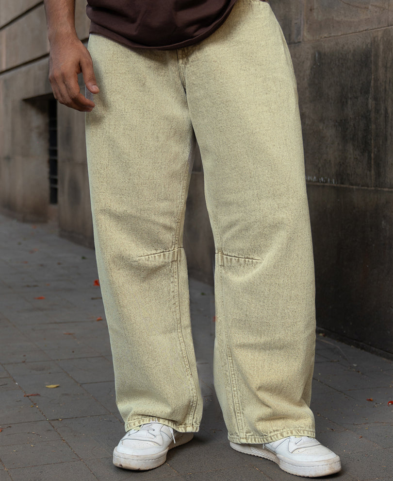 Beige Washed Barrel Fit Jeans