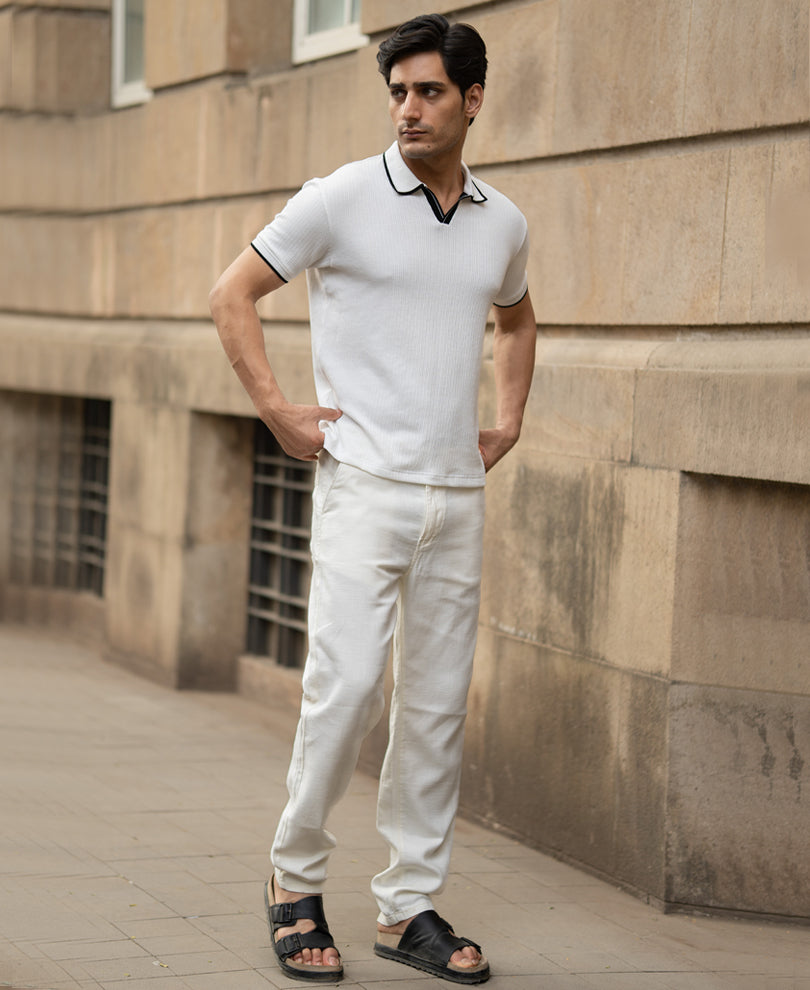Off White Contrast Polo T-Shirt.