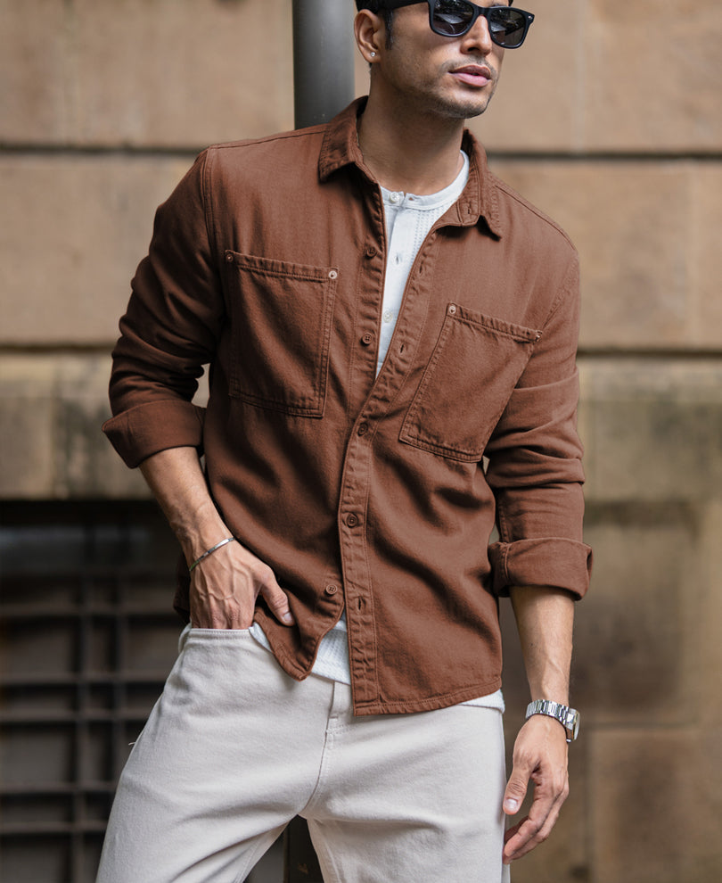 Brown Textured Cotton Overshirt.