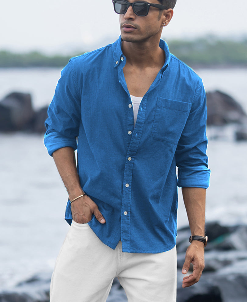 Cerulean Blue Linen Blend Shirt.