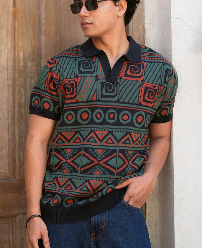 Multicolor Geometric Jacquard Knit T-Shirt 100% Cotton
