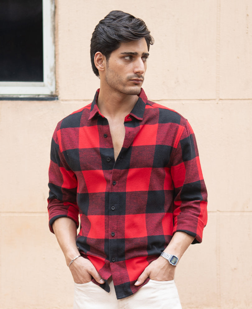 Bright Red Flannel Checks Shirt.