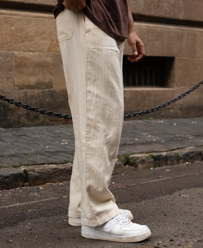 Cream Self Stripe Linen Trouser.