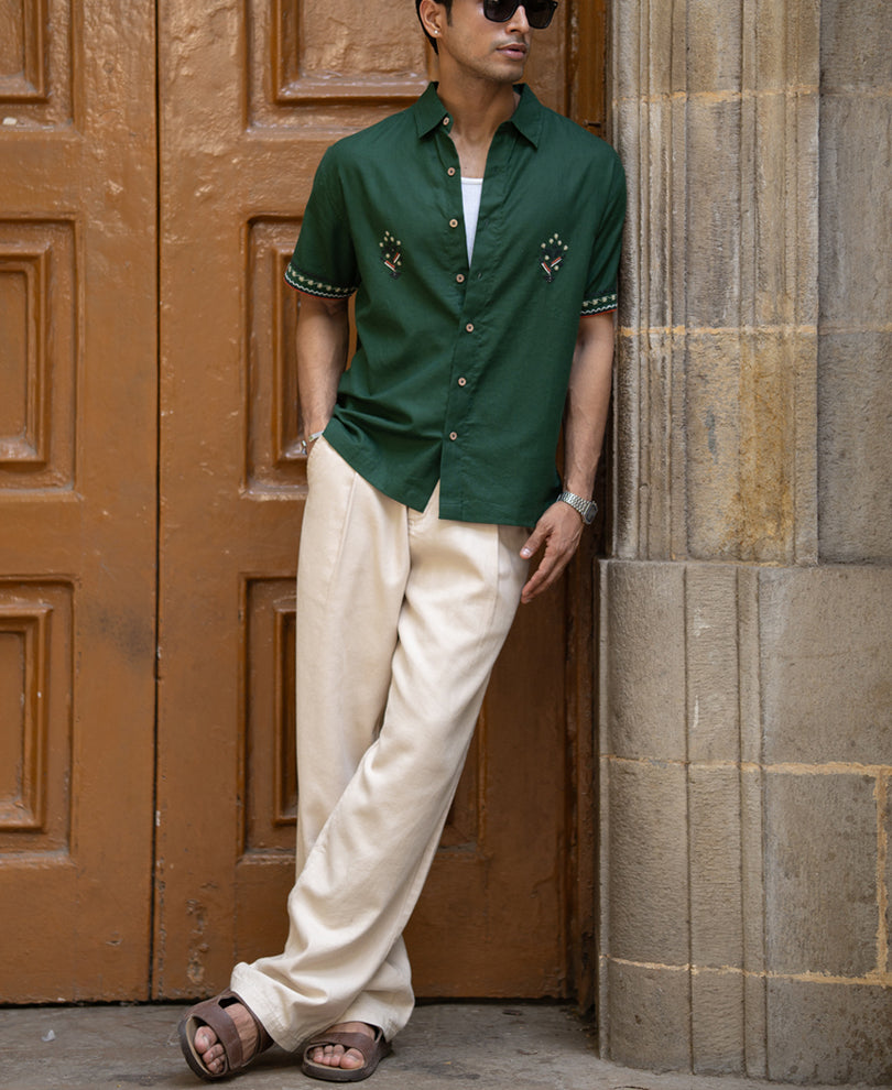 Dark Olive Embroidered Shirt 100% Cotton