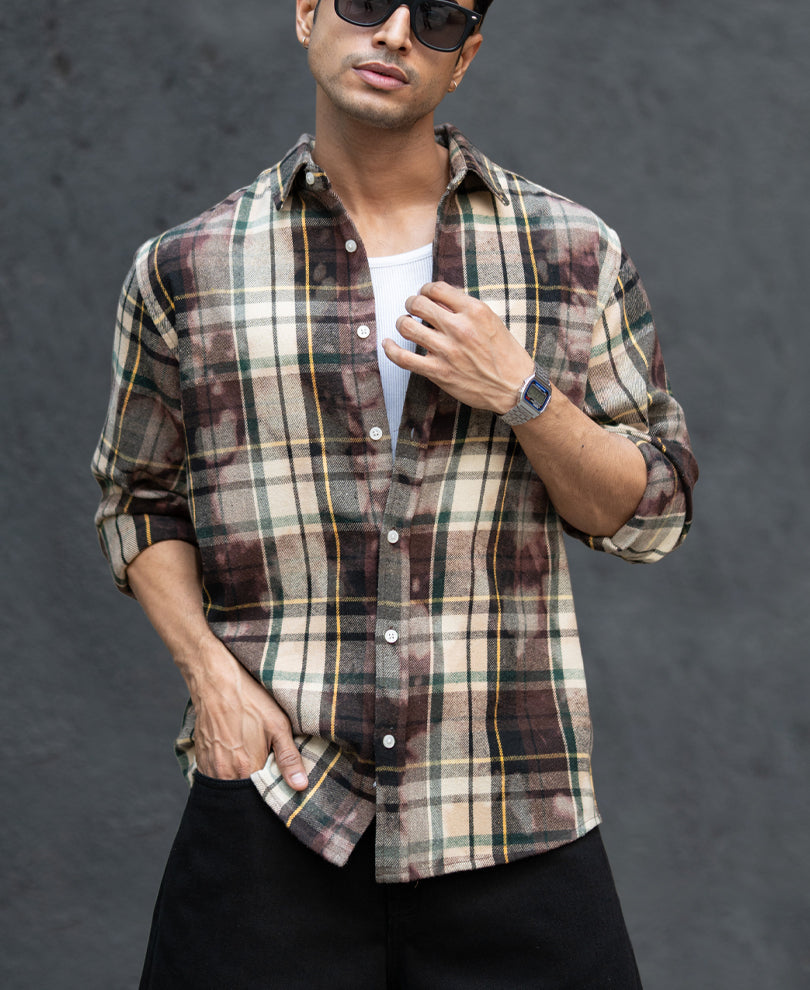 Dark Brown Washed Checks Shirt.