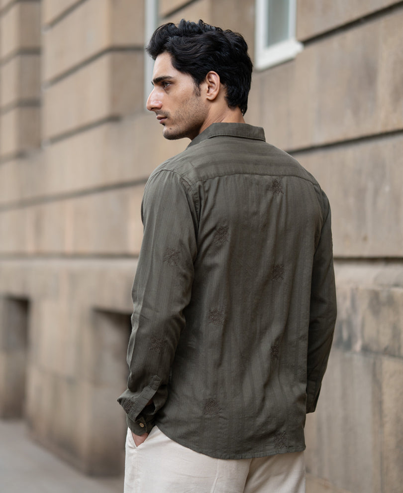 Olive Structure Embroidered Shirt.