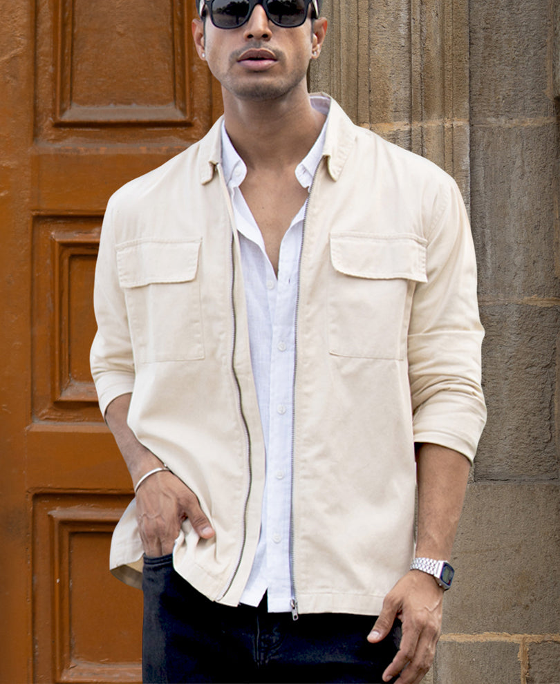 Light Beige Structured Zipper Overshirt.