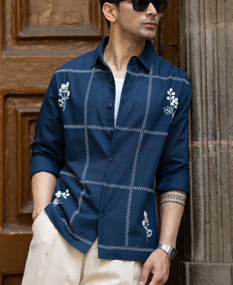 Navy Embrpoidery Linen Blend Shirt.