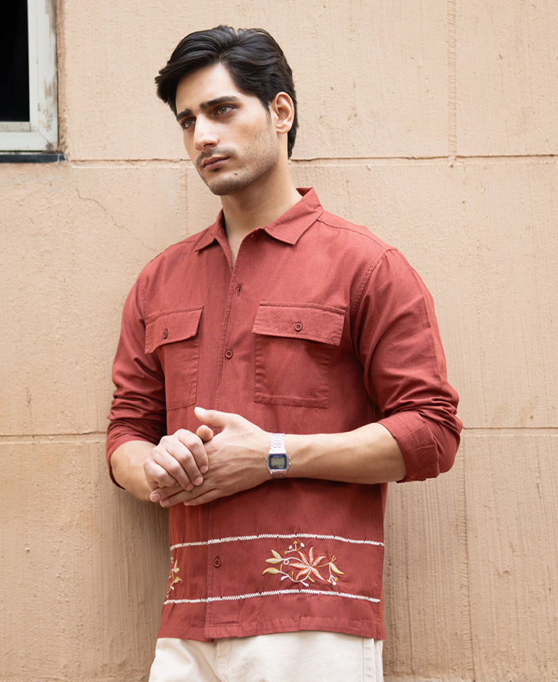 Brick Embroidered Linen Shirt.