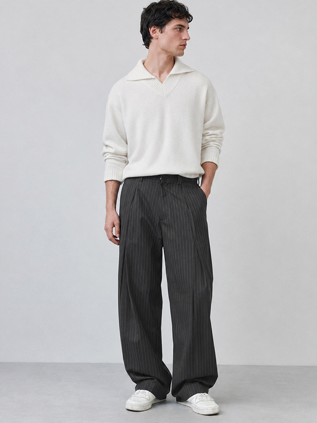 Grey Striped Pleated Korean Pants