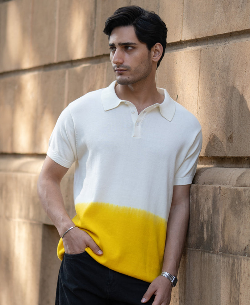 Yellow Ombre Knit Polo T-Shirt.