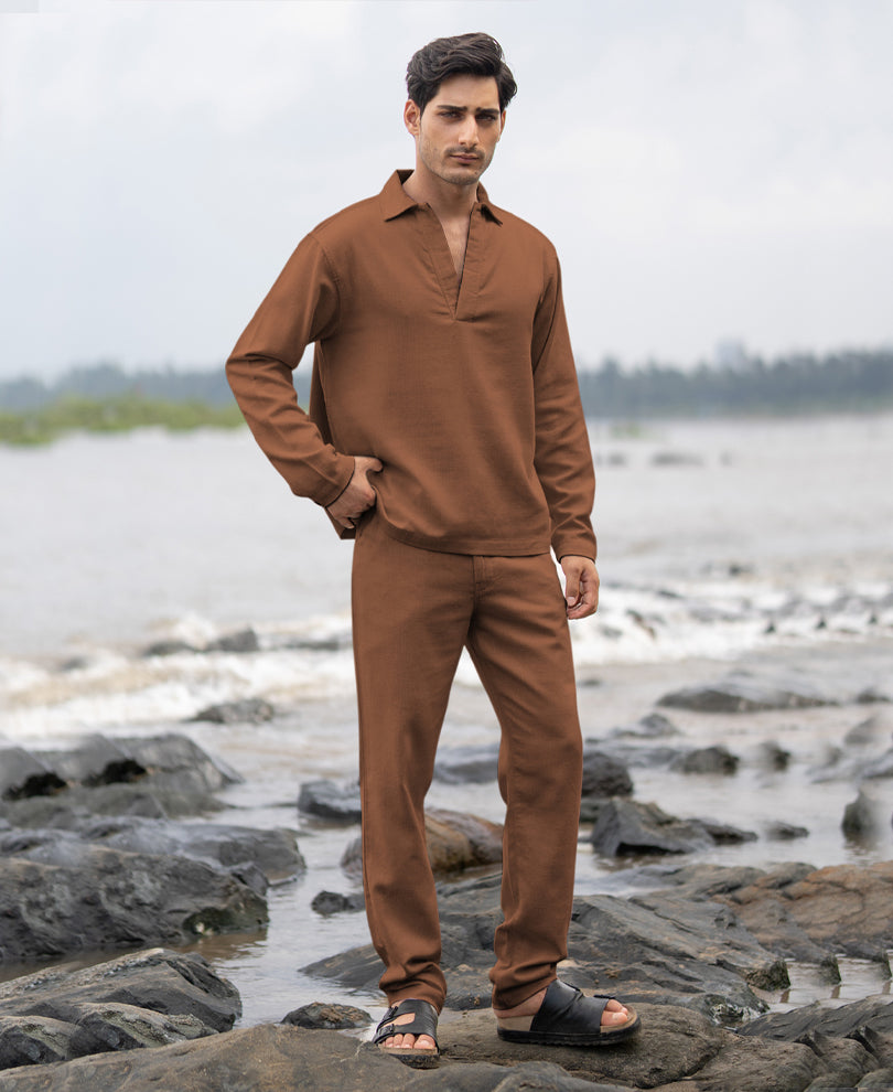 Brown Structured Cotton Kurta Shirt.