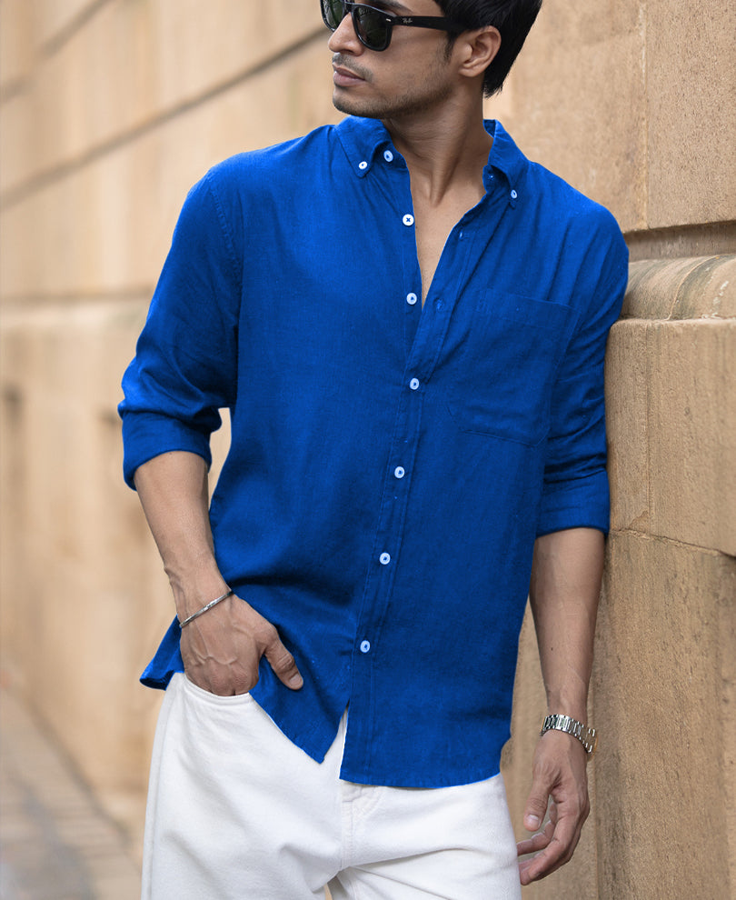 Vivid Blue Linen Blend Shirt.