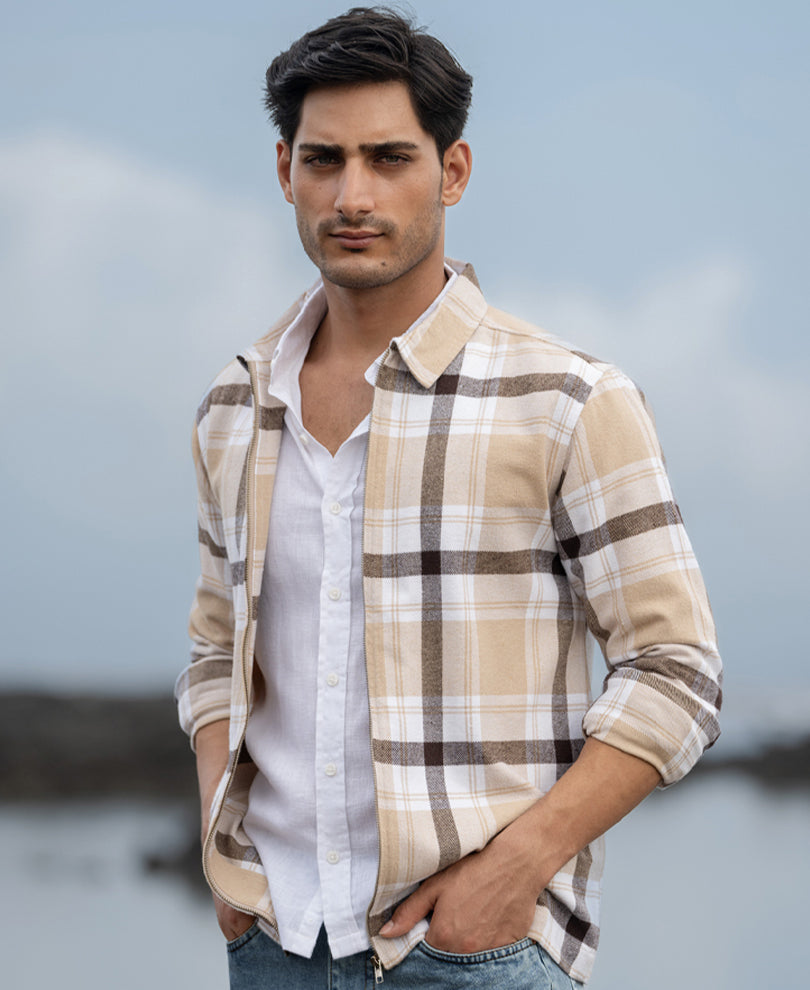 Beige Checks Zipper Shirt.