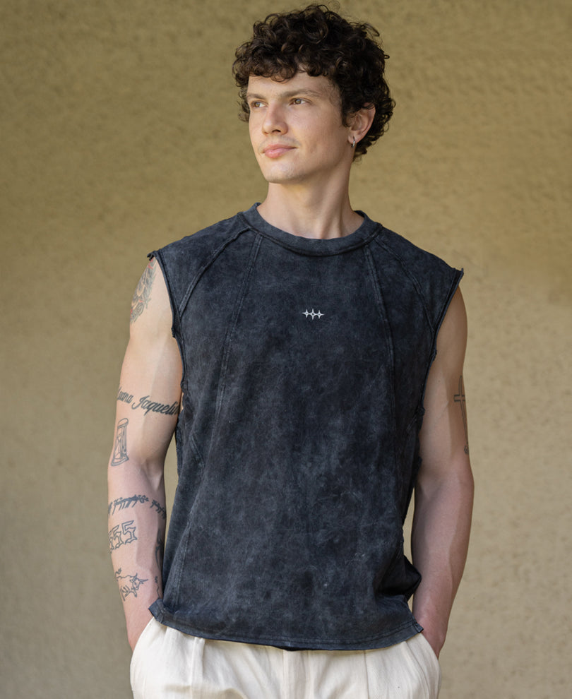 Black Distressed Paneled Vest 100% Cotton