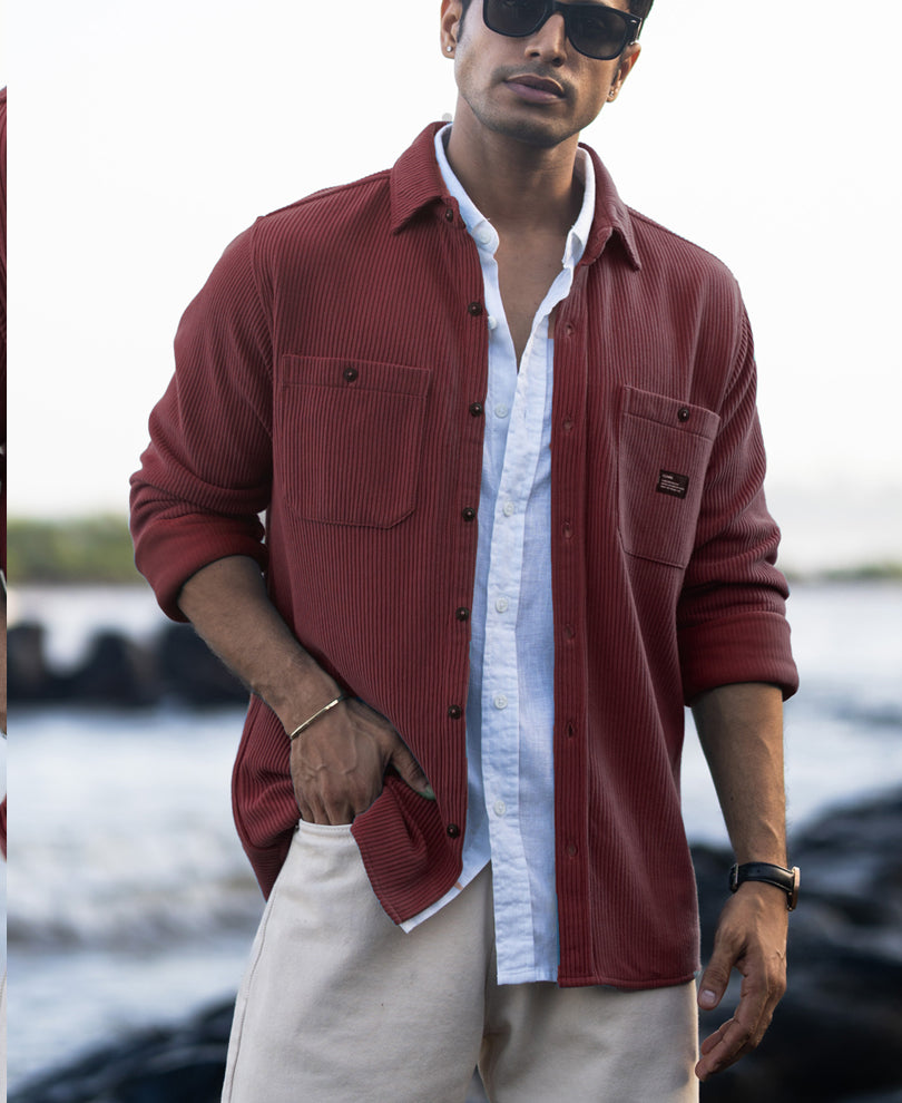 Wine Structured Knit Shirt With Pockets.