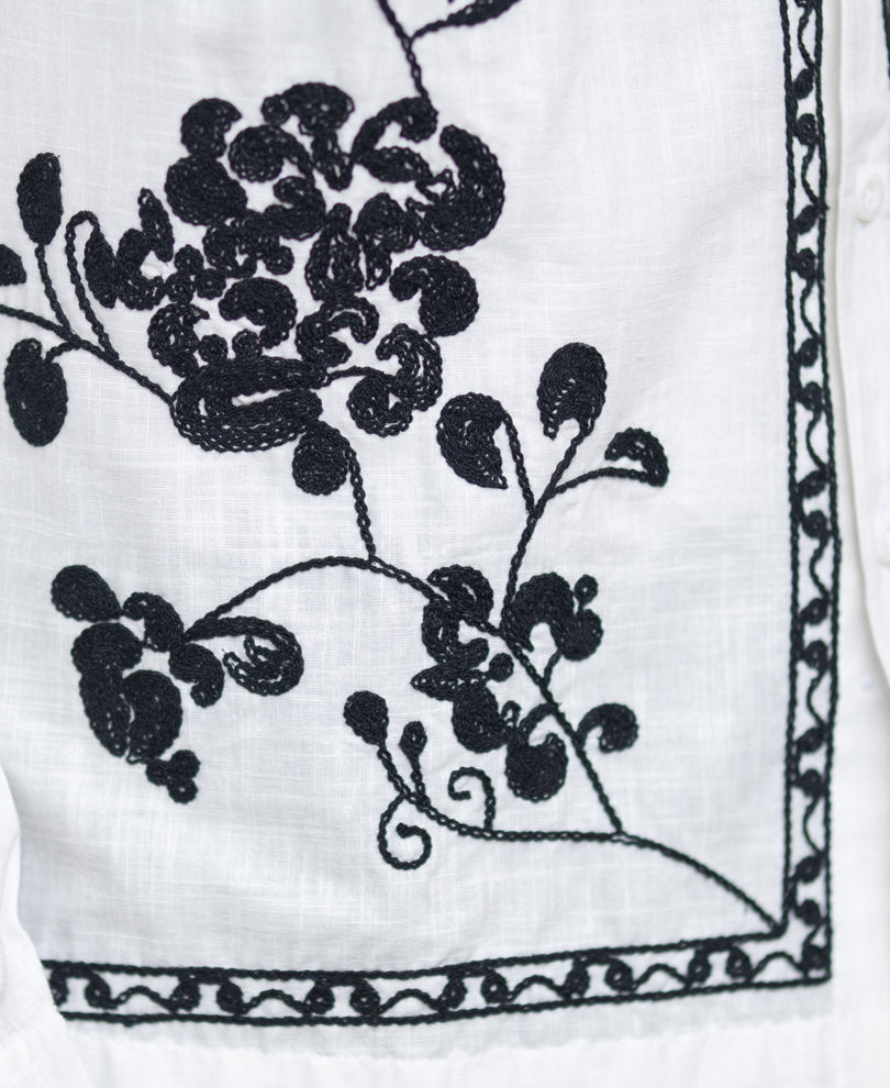 White Cotton Slub Embroidered Shirt.