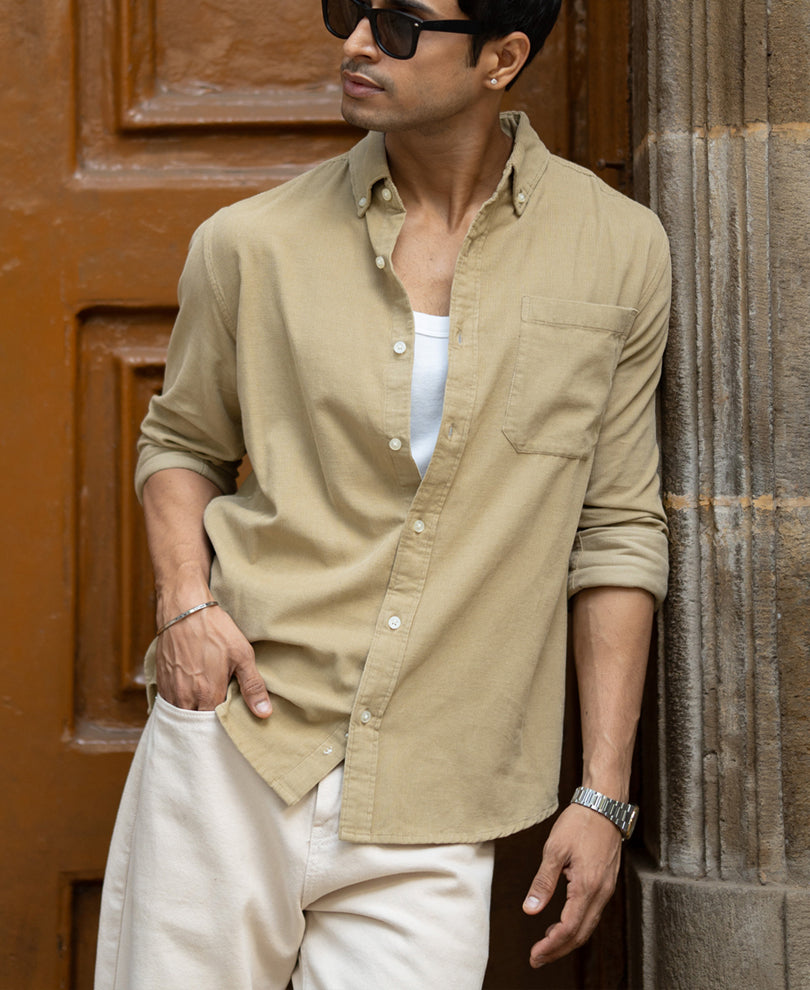 Beige Corduroy Buttondown Shirt.